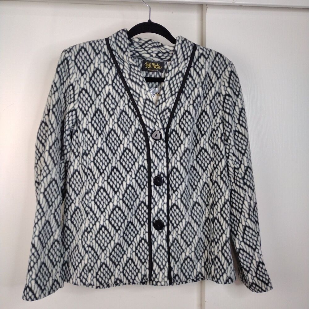 NEW Bob Mackie Geometric Print Button Front Fleece Jacket Sz M Black Cream